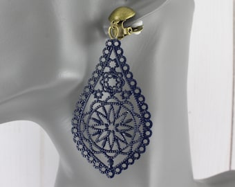 Clip On earrings dark blue antiqued Bronze teardrop Filigree 3 1/8" long Moroccan Medallion Big Dangle large non pierced clips navy blue