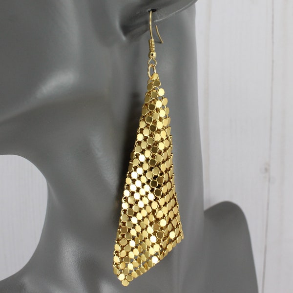 Gold mesh earrings metal dangle dangly flowy lightweight 4" long wiggly earrings liquid vintage disco 70s mesh earrings dangly slinky