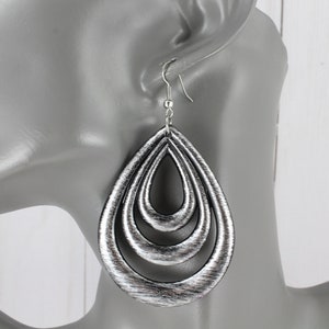 Dark Silver Black earrings teardrop earrings big plastic oval disc lightweight dangle oval plastic disc 3 1/8&quot; long brushed pattern