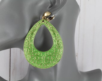 Green Gold clip on earrings oval teardrop Big dangle clip earrings clips non-pierced earrings 3.25" long style gold textured scroll design