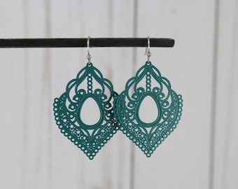 dark Teal earrings Filigree Earrings teardrop Dangle scroll Earrings lightweight 2" long dark Teal Green Blue