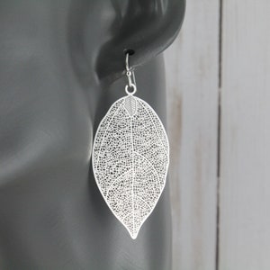 Silver leaf earrings 2.25&quot; long filigree leaf earrings dangle leaves jewelry lightweight earrings lightweight