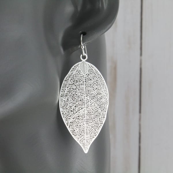Silver leaf earrings 2.25" long filigree leaf earrings dangle leaves jewelry lightweight earrings lightweight