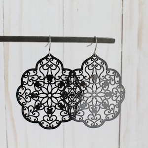 Large Black Filigree Teardrop Earrings - 8cm Enamel Metal With Rhinestone Details