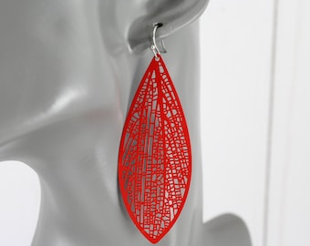 Red oval teardrop earrings super lightweight filigree cut out pattern medallion 3" long leaf oval earrings skinny narrow leaves pendant