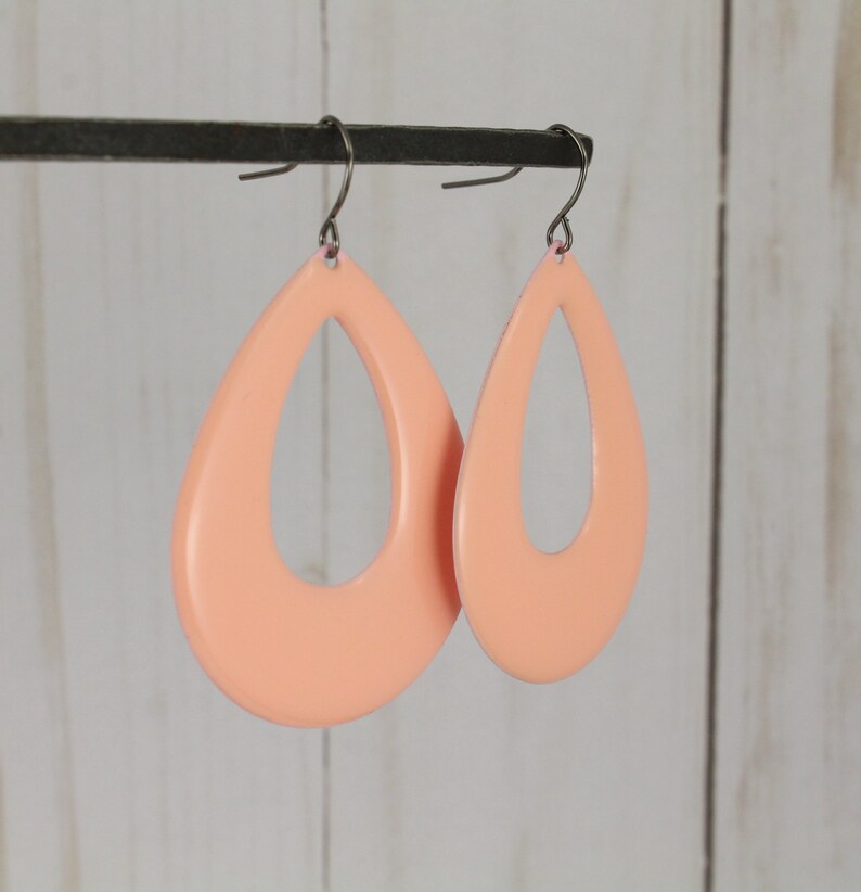 Peach earrings teardrop painted enamel lightweight 2 38 long dangle earrings light coral peach color