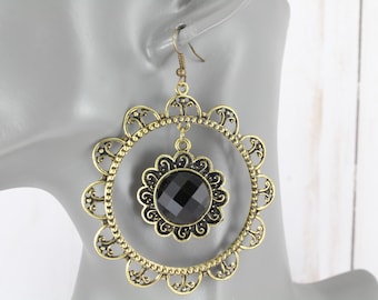 Bronze black chandelier earrings filigree earrings dangle cut out pattern lightweight 3 1/8" long lightweight filigree round