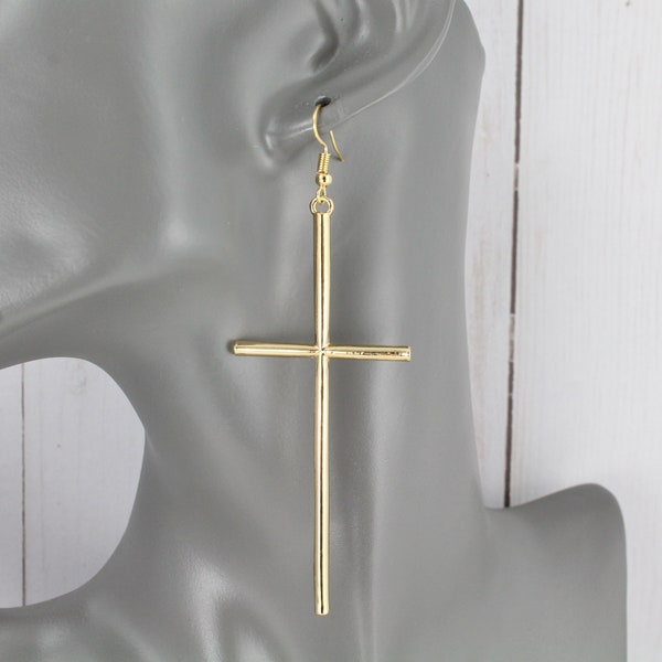 long Gold Cross dangle earrings 3 7/8" long lightweight big huge cross pendant dangly cross pendant earrings easter