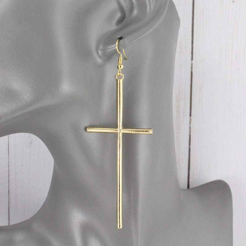 long Gold Cross dangle earrings 3 7/8 long lightweight big huge cross pendant dangly cross pendant earrings easter image 1