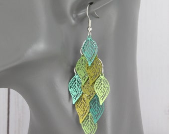 Green Teal chandelier earrings filigree leaf leaves earrings dangle cut out pattern lightweight 3 1/8"" long shiny leaves