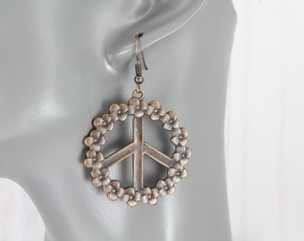 Peace Sign earrings floral peace symbol Love and peace dangle earrings dark antiqued copper tone french hook 2.25" long floral pattern