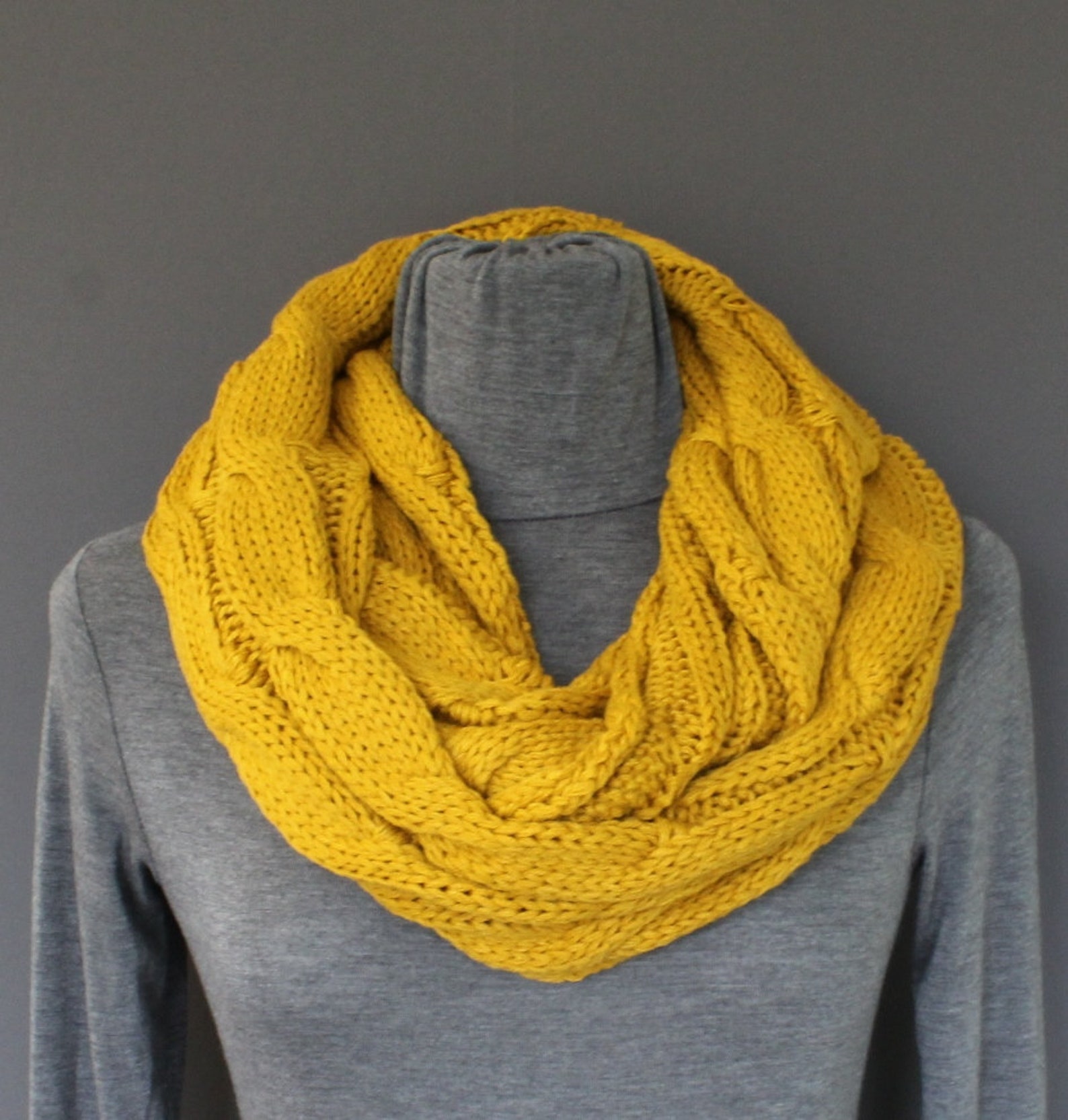 Mustard Cable Knit Infinity Scarf Soft Chunky Knit Circle Endless Loop ...