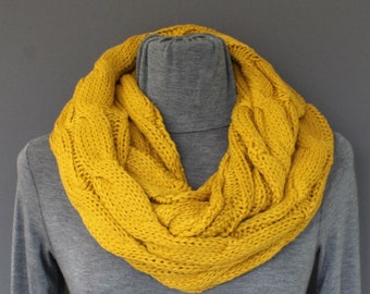 Mustard cable knit infinity scarf soft chunky knit circle endless loop long circular mustard yellow scarf cabled scarf fall winter scarf
