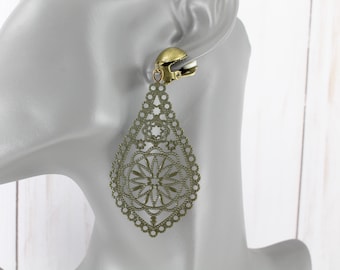 Clip On earrings Olive Green pendant antiqued Bronze Gold clip teardrop Filigree Earrings Boho Chic Moroccan Medallion dark olive green