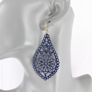 dark Blue earrings Big teardrop earrings medallion teardrop oval filigree cut out dangle drop scroll 3&quot; long lightweight dark navy blue