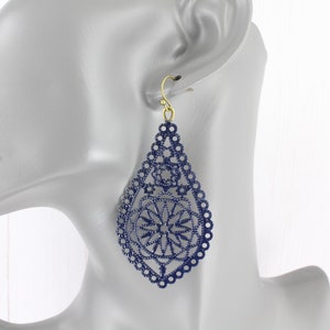 dark Blue earrings Big teardrop earrings medallion teardrop oval filigree cut out dangle drop scroll 3" long lightweight dark navy blue