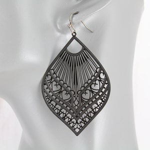 Black big Filigree Earrings Teardrop Boho Chic Moroccan Medallion Bohemian Filigree Big Dangle Earrings 2 5/8" long