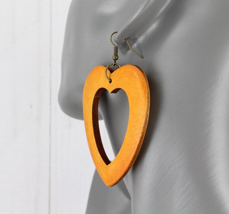 Brown heart earrings lightweight big wood dangle 3 18 long lightweight outline heart shape earrings