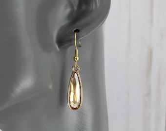 Beige oval earrings faceted teardrop pendant gold dangle lightweight small 1 5/8" long