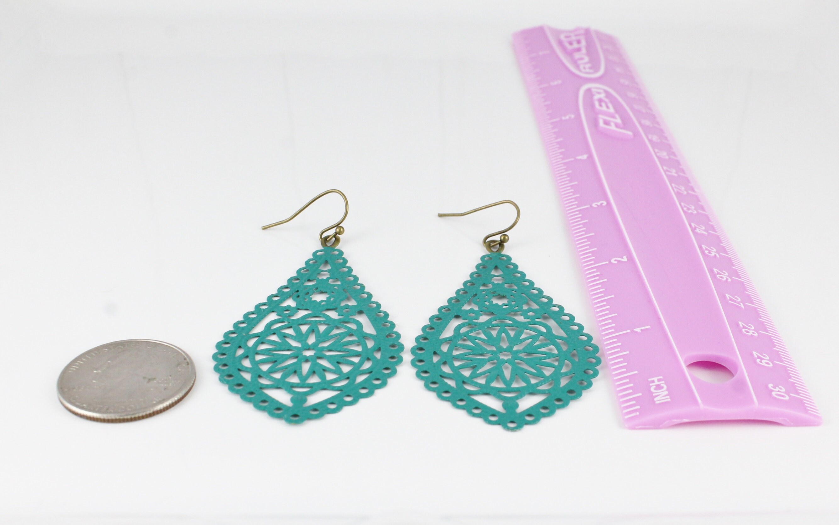Filigree long drop earrings in green main image 0