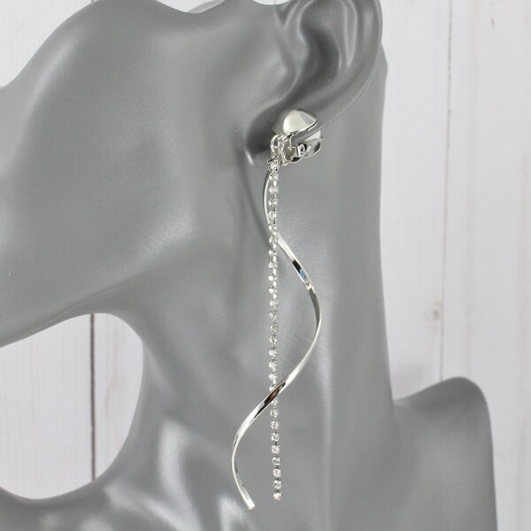 Silver clip on earrings twisted swirl shoulder duster very lightweight crystal dangle twist chandelier earrings 4.25" long non-pierced clips