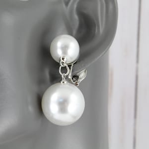 Clip On earrings white faux pearl big bead dangle chandelier Earrings clip lightweight 1.75&quot; long silver classic clip