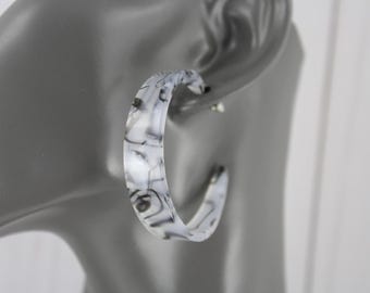 Grey Black hoop earrings marbled look plastic lightweight post hoops 1 7/8" wide acrylic light earrings white gray