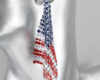 American Flag clip on earrings lightweight dangle clips mesh metal 3.5" long flowy non-pierced earrings USA flag 4th of july Red White Blue