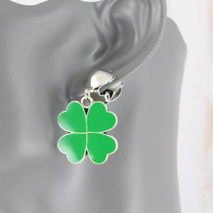 Clip on shamrock earrings 4-leaf clover shamrock non-pierced earrings St Patricks Day dangle jewelry green clips 1 5/8&quot; long 7/8&quot; wide