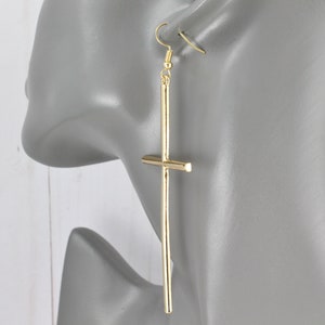 long Gold Cross dangle earrings 3 7/8 long lightweight big huge cross pendant dangly cross pendant earrings easter image 9