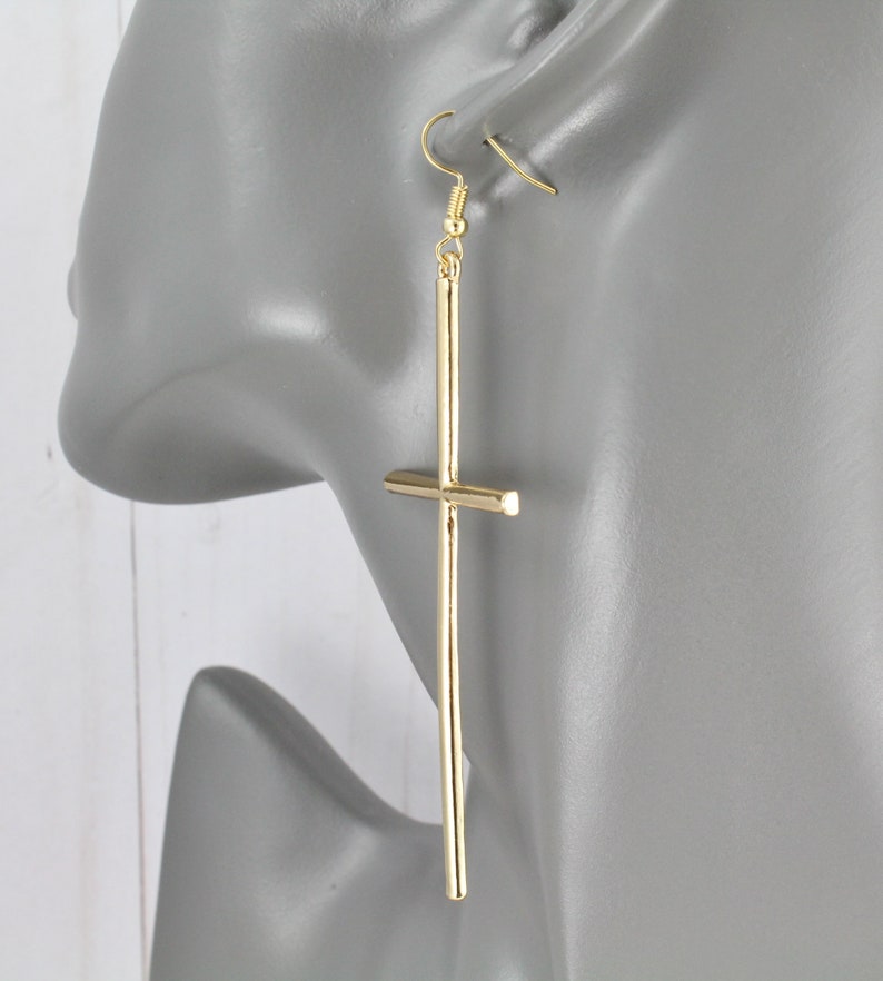 long Gold Cross dangle earrings 3 7/8 long lightweight big huge cross pendant dangly cross pendant earrings easter image 9