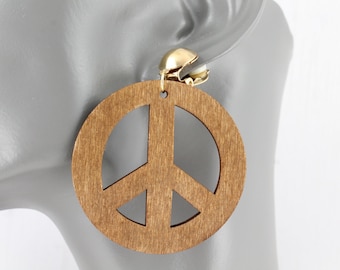 Clip On brown wood peace sign earrings wood super lightweight big 2 5/8" long clips peace symbol clips earrings gold clip