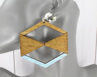 Clip On brown wood earrings wood super lightweight big 3" long clips hexagon shape clips earrings Blue