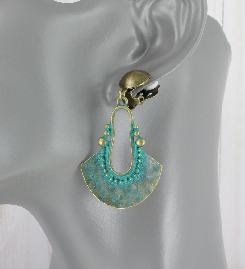 Clip On earrings turquoise green patina brass bronze teardrop Earrings Boho Chic Moroccan Medallion Dangle Earrings 2.25 long