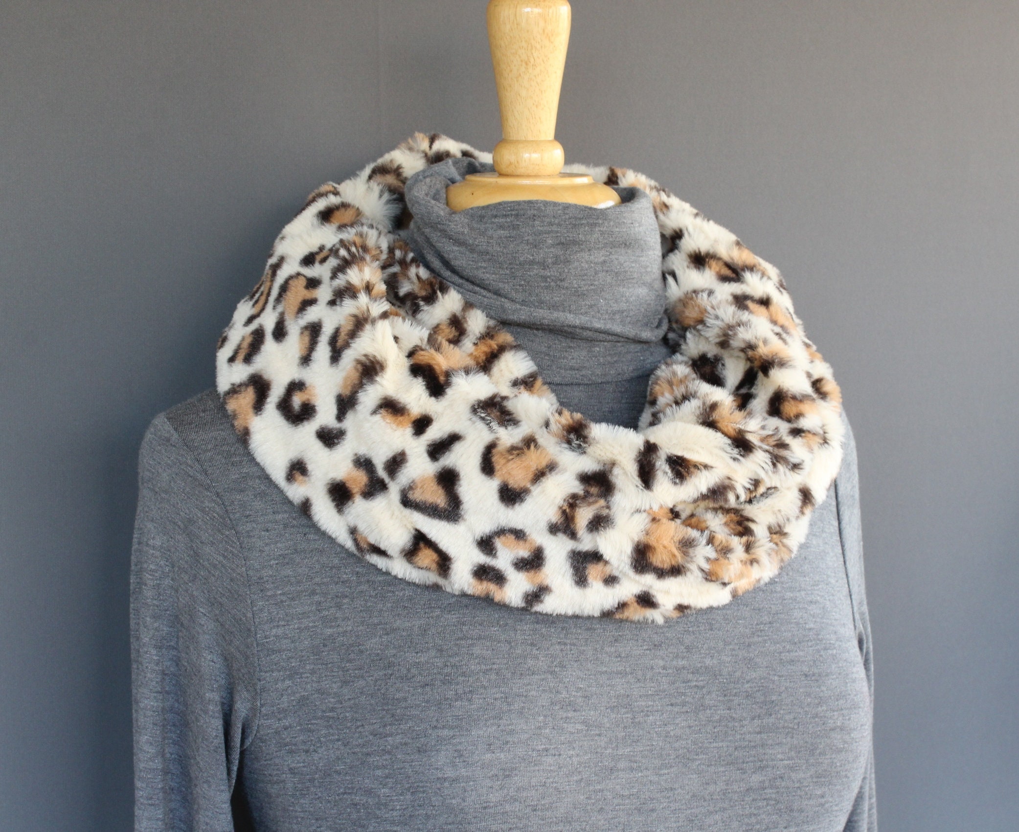 Leopard Faux Fur Chenille Triangle Tube Scarf Button Details