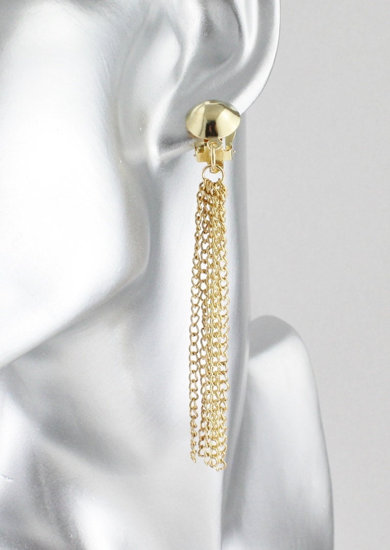 Gold Tassel Clip on Earrings Dangle 3.5 Long Clip Etsy