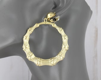Gold Clip On earrings bamboo hoops hollow textured pendant clips lightweight 2 3/4" long 2 1/8" wide hoop