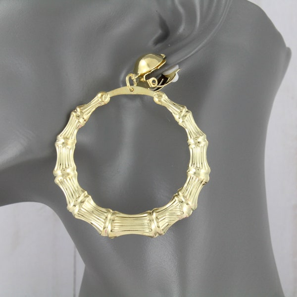 Gold Clip On earrings bamboo hoops hollow textured pendant clips lightweight 2 3/4" long 2 1/8" wide hoop