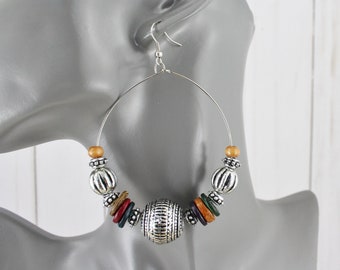 big beaded hoop earrings dangle earrings beads 3.5" long lightweight silver hollow bead