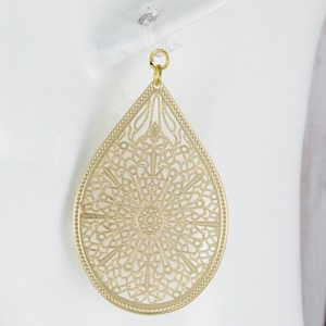 Clip On earrings Gold invisible clips teardrop Filigree Earrings Boho omega clip Moroccan Medallion lightweight Dangle shiny 2 3/8&quot; long