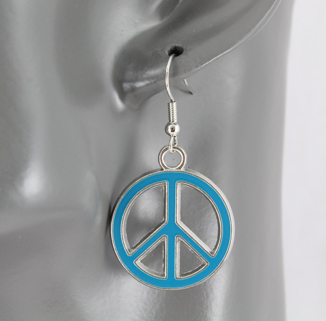 Earring Signs Peace Sign Earrings Teal Blue Silver Peace Symbol Dangle Earrings ...