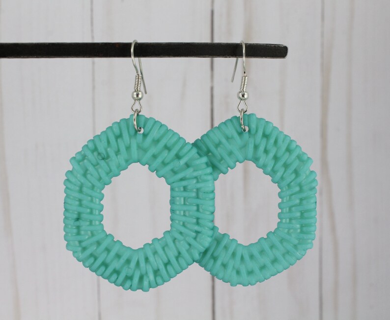Aqua earrings woven lightweight plastic dangle cutout oval hexagon 2.5 long Turquoise Teal plastic basketweave pendant