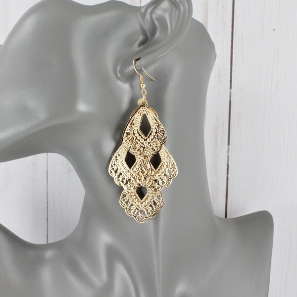 Gold chandelier earrings filigree earrings dangle cut out pattern lightweight 3 3/8" long shiny filigree pendants