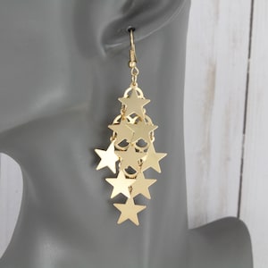 Gold stars chandelier earrings earrings dangle lightweight 3" long shiny gold stars