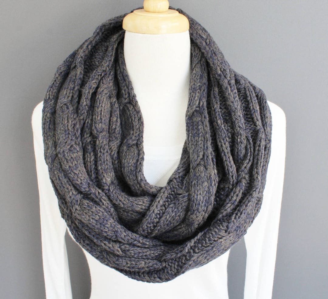 Grey Navy Blue Cable Knit Infinity Scarf Soft Chunky Knit Circle ...