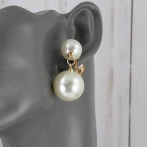 Clip On earrings white faux pearl big bead dangle chandelier Earrings clip lightweight 1.75&quot; long gold classic clip