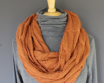 Rust Orange cable knit infinity scarf soft chunky knit circle endless loop long circular muted pumpkin orange scarf cabled scarf fall winter