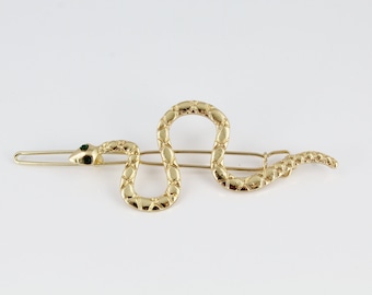 gold snake barrette clip barrette hairpin accessory slithering serpent asp snake is 2.5&quot; long dark green crystal eyes