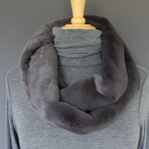 faux fur scarf soft infinity scarf cowl neck fluffy soft loop infinity circle winter scarf  warm and cozy Dark Grey Gray