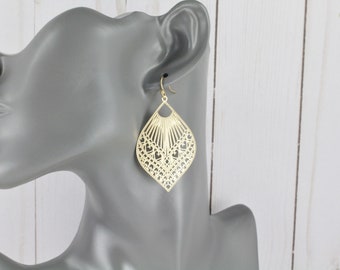 Gold teardrop earrings super lightweight filigree cut out pattern medallion big 2 3/8" long light shiny oval earrings